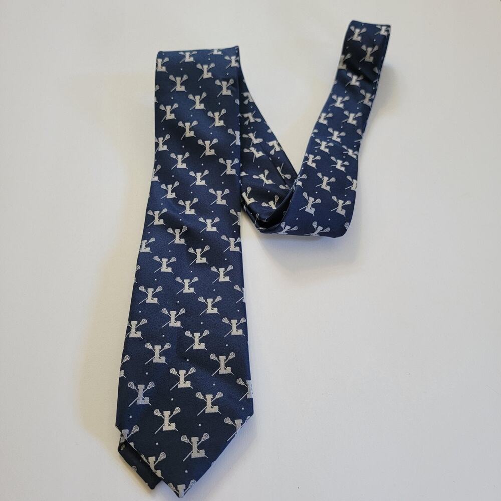 The Tie Bar Neck Tie Mens Blue 100% Silk Lacrosse L Logo Novelty Pattern